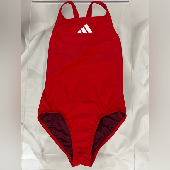 Adidas Competition Swimsuit 1 piece 3 Bar logo Solid Red Girls Med (11-12yr) NWT - Picture 4 of 9